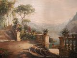 a painting on the wall of a house with a view of a lake