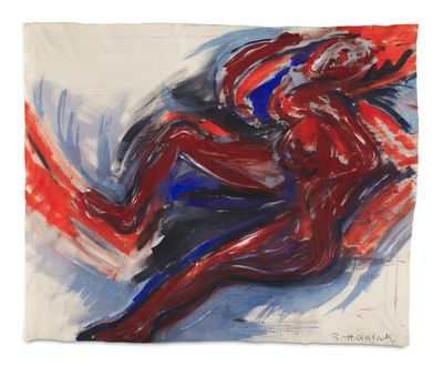 an abstract painting of a man in red and blue on a white background