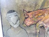 a painting of a man standing next to a painting of a pig