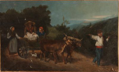 Ecole du XIXème Scène de retour des champs Huile sur toile D…