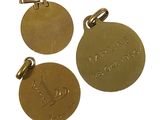 three gold medals are shown on a white surface