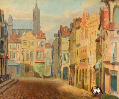 un tableau représentant un cheval et une calèche dans une rue de la ville