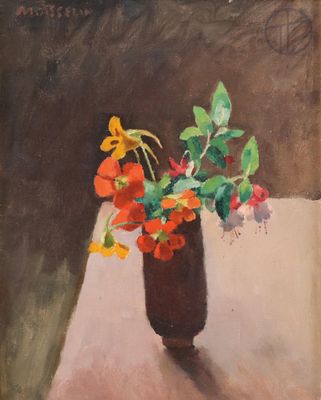 a painting of flowers in a vase on a table