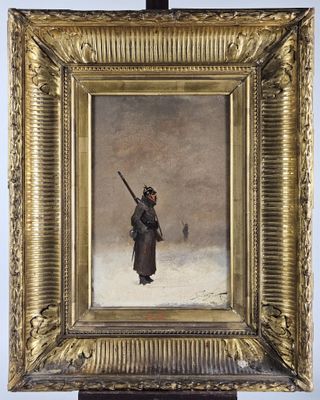 a painting of a man holding a rifle in a snowy landscape