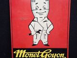 une vieille enseigne publicitaire pour un magasin de motos, sur laquelle figure un personnage de bande dessinée