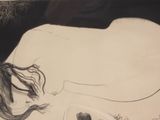 a drawing of a woman laying down with her head on a plate