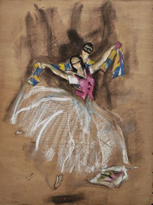 painting of a woman in a tutu with a colorful scarf