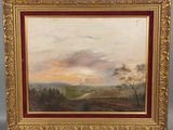 un tableau représentant un paysage avec des arbres et des collines au loin