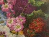 a painting of flowers in a blue vase on a table