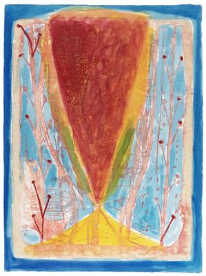 une peinture abstraite représentant un objet rouge et jaune dans un cadre bleu