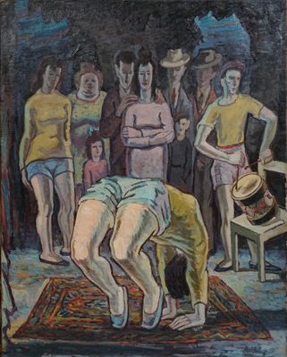 tableau représentant un homme penché sur un tapis devant un groupe de personnes