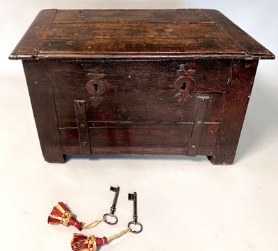 a small wooden chest with two keys and a keychain