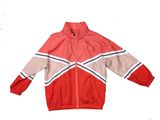 red and beige windbreaker jacket with black and white stripes