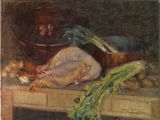 painting of a still life of a chicken and vegetables on a table