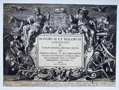 une vieille gravure représentant une plaque sur laquelle figure l'image d'un groupe de personnes