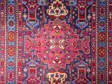 an oriental rug with a red and blue design