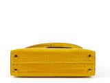 a yellow crocodile skin purse on a white background