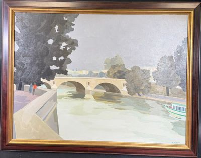 une image d'une peinture représentant un pont sur une rivière