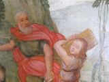 un tableau représentant un homme portant une femme sur une croix