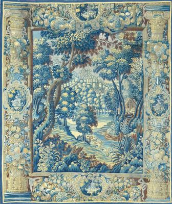 a blue and yellow tapestry with trees and flowers