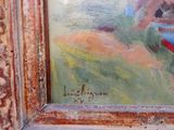 une peinture à l'huile représentant une femme assise sur un banc au bord d'une rivière