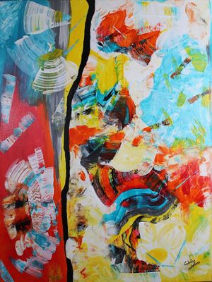 une peinture accrochée au mur d'une pièce, réalisée avec plusieurs couleurs de peinture