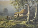 a painting of a house in the woods with a fence