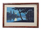 framed oil painting of a lake with a castle in the distance