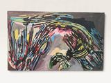 an abstract painting of a woman ' s face on a white wall
