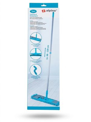 une image représentant une serpillière bleue et blanche sur laquelle figurent des instructions