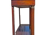a wooden table with a marble top on a white background