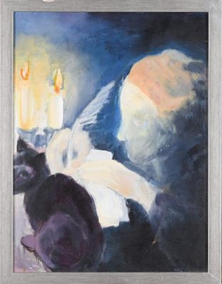 a painting of a cat sitting in front of a lit candle