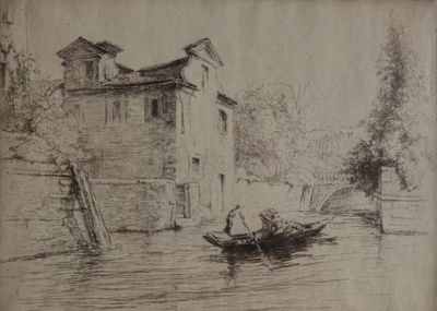 un dessin représentant un bateau dans l'eau près d'un bâtiment