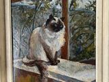 tableau représentant un chat siamois assis sur un rebord devant une fenêtre