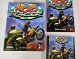 three video game covers for moto racer on a white table