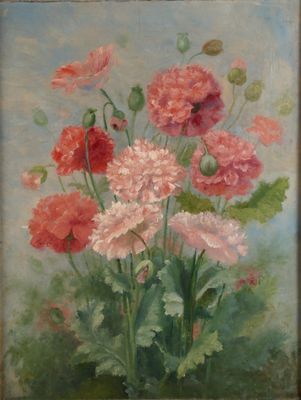 une peinture à l'huile représentant des fleurs roses et rouges sur fond bleu