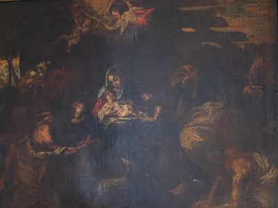 a painting of a manger scene with a baby in a manger