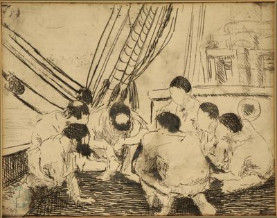 dessin représentant un groupe de personnes assises sur le pont d'un bateau
