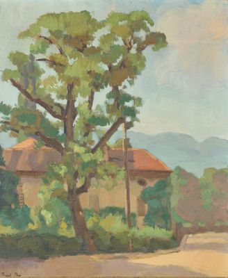 une peinture à l'huile représentant un arbre devant une maison
