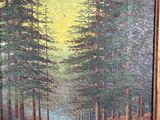 an oil painting of a forest scene with a stream running through it