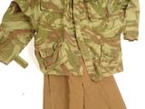 camouflage jacket and pants on a white background with a hat