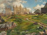 un tableau représentant un paysage avec un bateau et une maison