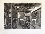 un dessin en noir et blanc représentant une bibliothèque avec des étagères