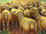 painting of a herd of sheep walking down a dirt road