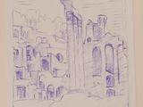 pencil drawing of a building with a clock tower in the middle of it
