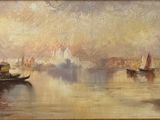 a painting of boats on the water with buildings in the background
