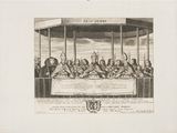 a drawing of a large group of people sitting around a long table