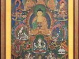 une peinture représentant un Bouddha assis en position du lotus, entouré d'autres bouddhas