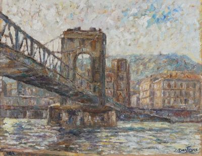 peinture d'un pont sur une rivière avec des bâtiments en arrière-plan