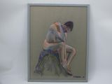 painting of a nude man sitting on a rock with his hands on his head